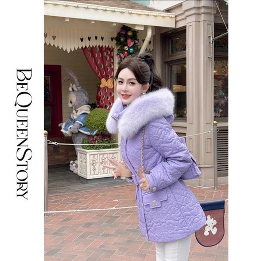 余潇潇【紫罗兰夜曲】狐狸毛领pu皮绗棉微收腰中长款羽绒服冬季保暖 商品图2
