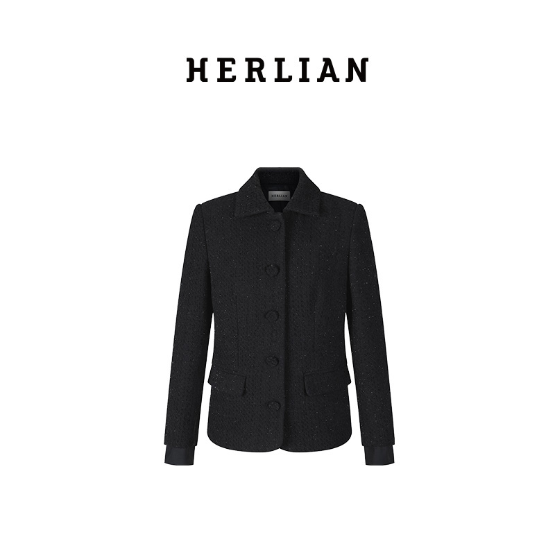 H2ESCOB056BK蝴蝶结领带装饰粗花呢外套