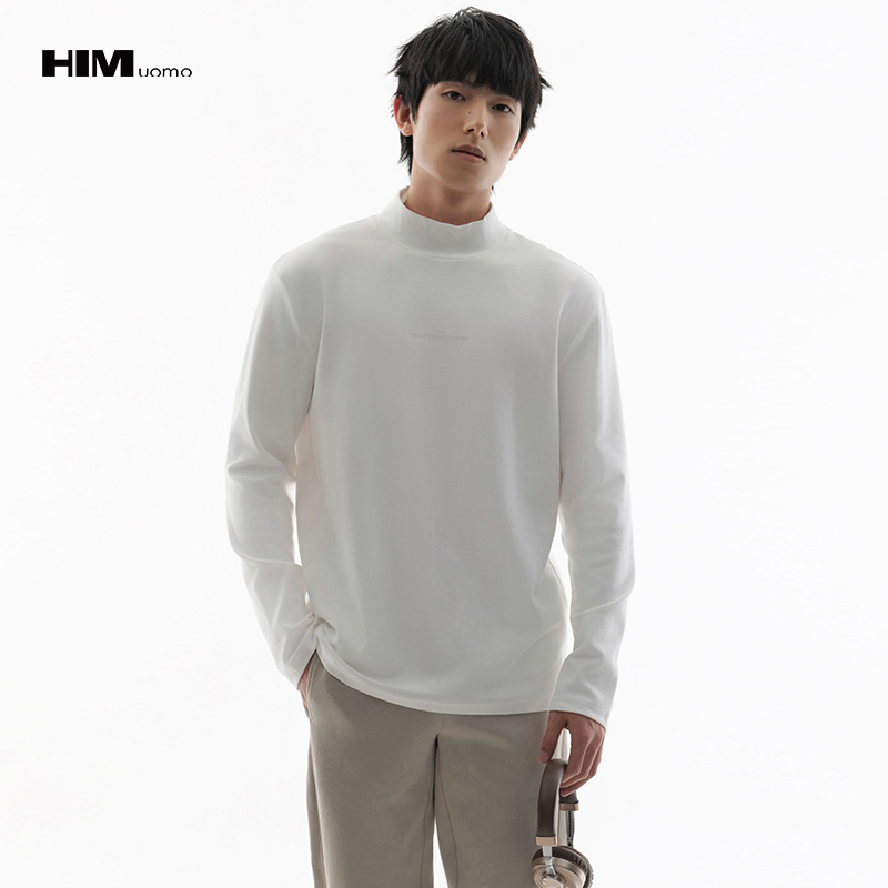 HIM漢崇  舒感莫代尔半高领T恤男简约透明滴胶字母打底衫 2025冬季