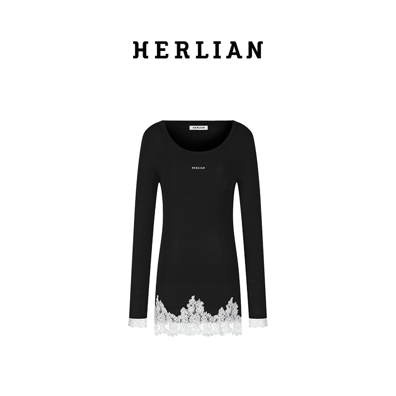 H2ESTHB043BK蕾丝花边装饰袖身长袖连衣裙