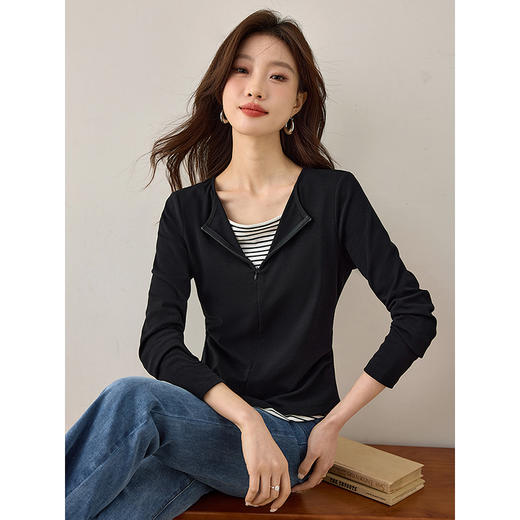 【1件8折】熙世界假两件长袖t恤设计感时尚洋气修身显瘦上衣2025春秋新款 商品图2