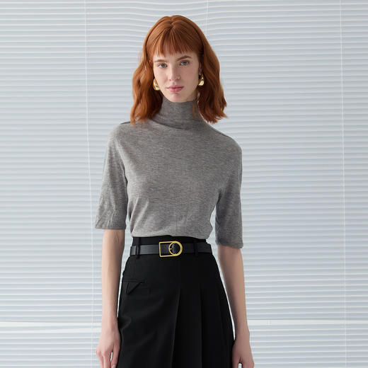 谜底半高领针织衫短袖2025春款简约百搭亲肤舒适毛衫女251MZ0383 商品图0