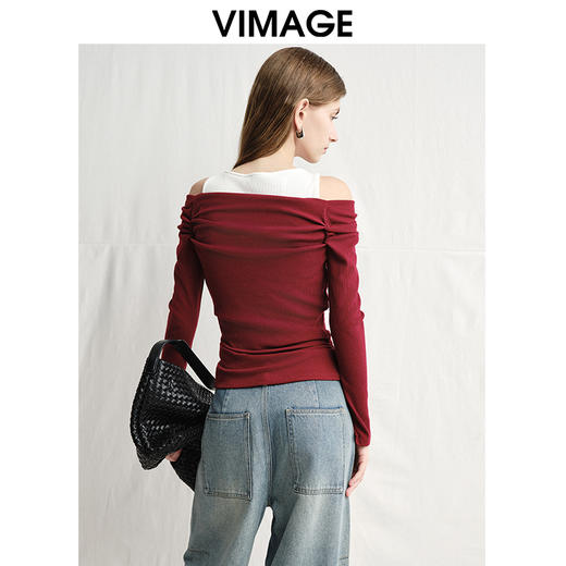 VIMAGE纬漫纪修身显瘦撞色两件套一字领长袖T恤上衣春新款V2313948 商品图4