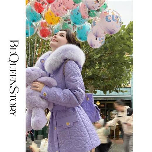 余潇潇【紫罗兰夜曲】狐狸毛领pu皮绗棉微收腰中长款羽绒服冬季保暖 商品图3