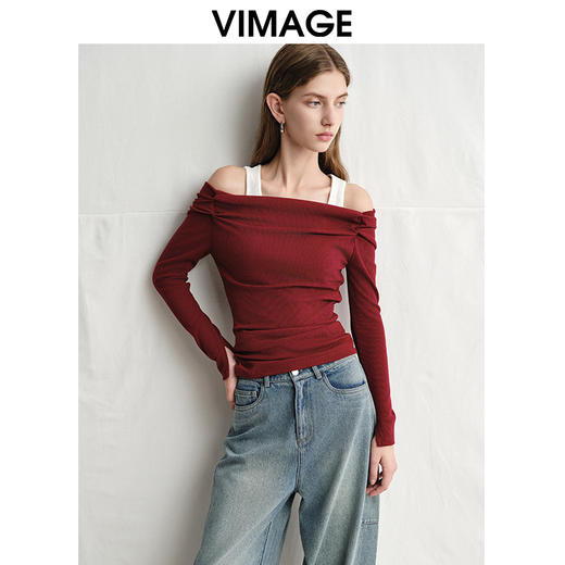 VIMAGE纬漫纪修身显瘦撞色两件套一字领长袖T恤上衣春新款V2313948 商品图2