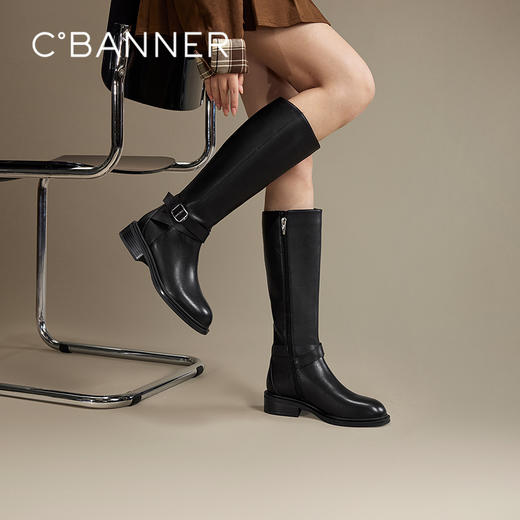 千百度粗跟耐磨高筒骑士靴女款冬季瘦瘦靴长靴子A24557109 商品图0