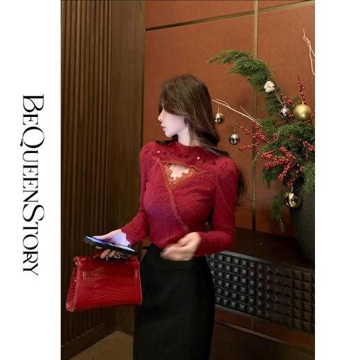【年终福利，不退不换】【圣诞热红酒】仿貂绒手工烫钻亮片法式泡泡袖弹力打底衫 商品图1