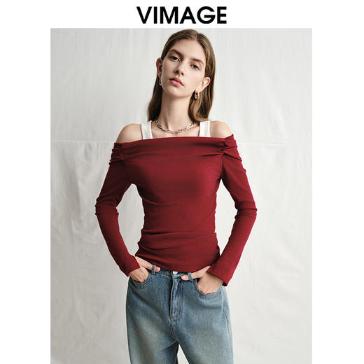 VIMAGE纬漫纪修身显瘦撞色两件套一字领长袖T恤上衣春新款V2313948 商品图5