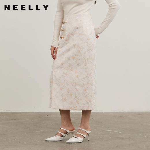 NEELLY纳俪商场同款冬季新款高腰复古提花半身裙女气质古典半裙N24121E01203 商品图0