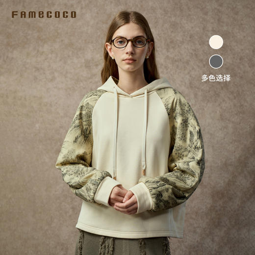 Famecoco范可儿新中式水墨印花插肩袖连帽卫衣FAC8BL003 商品图0