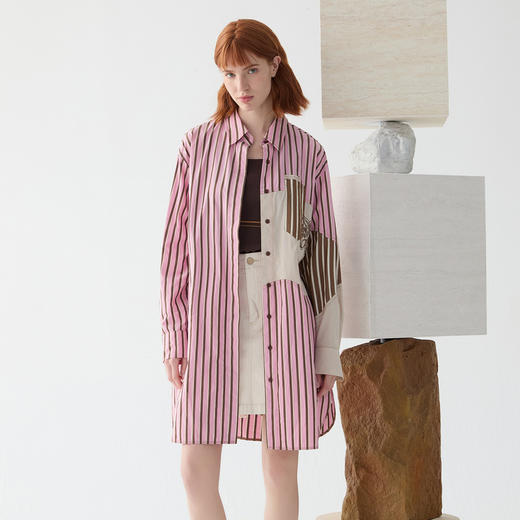 谜底粉色条纹衬衫裙2025春季新品复古文艺绣花H型连衣裙251ML0114 商品图0