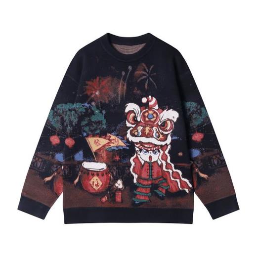 秋冬季新款时尚个性卡通印花圆领毛衣国风宽松慵懒风情侣针织衫 商品图1