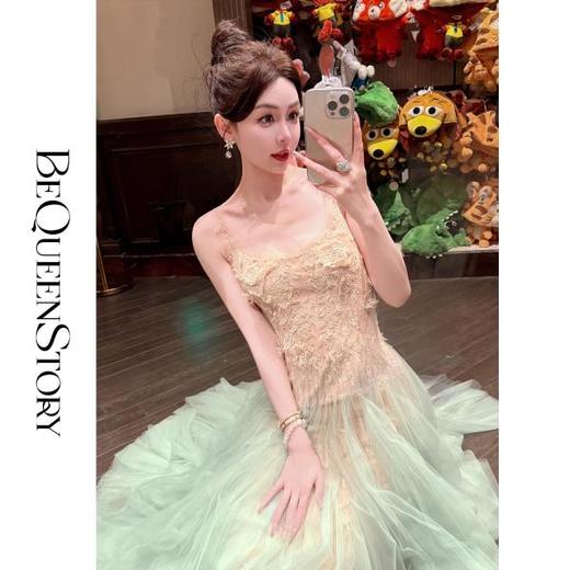 【孤品样衣，不退不换】【林间仙境】早春重工高定薄荷渐变色蕾丝花层叠吊带连衣裙 商品图3