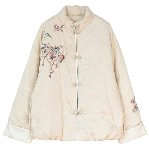 牧衣游原创 手绣丝棉提花短羽绒服白鹅绒保暖中式外套 杏花如雪 商品图4