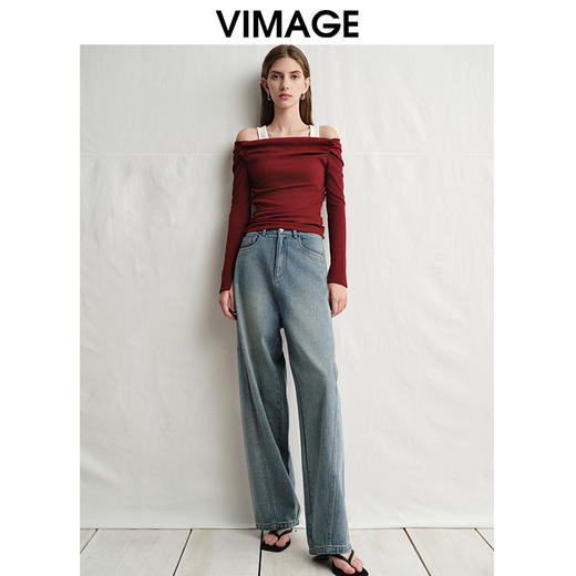 VIMAGE纬漫纪修身显瘦撞色两件套一字领长袖T恤上衣春新款V2313948 商品图1