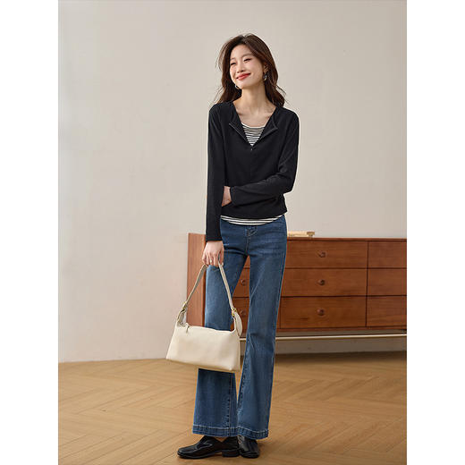 【1件8折】熙世界假两件长袖t恤设计感时尚洋气修身显瘦上衣2025春秋新款 商品图4