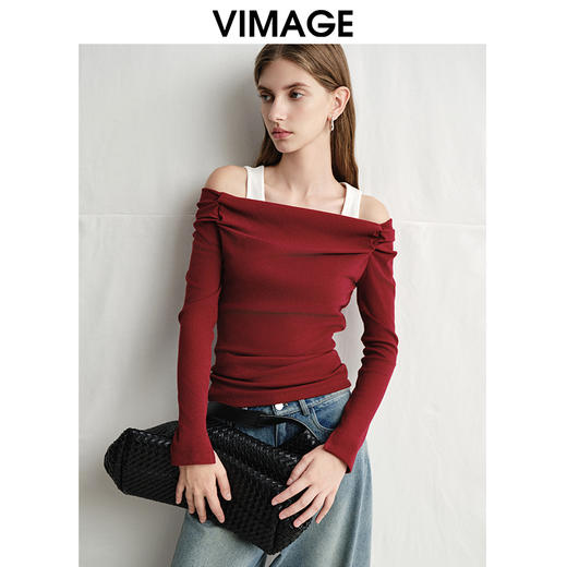 VIMAGE纬漫纪修身显瘦撞色两件套一字领长袖T恤上衣春新款V2313948 商品图3