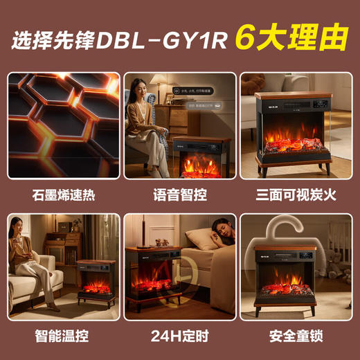 先锋（SINGFUN）石墨烯取暖器台地两用电暖器家用暖风机壁炉 LED数显屏离线语音木纹质感DBL-GY1R 商品图2