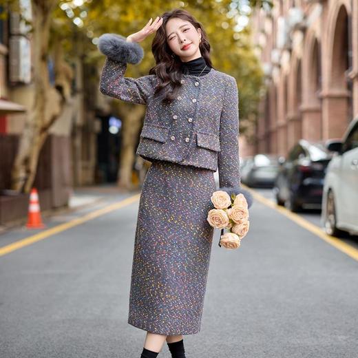 小香风羽绒内胆外套气质名媛狐狸毛半身裙套装YJLY1399 商品图2