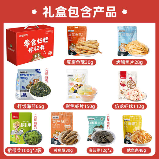 海狸先生零食大礼包礼盒 拌饭海苔/鱿鱼条/仿龙虾球/卤汁带鱼/香辣鳗鱼丝/生虾片/烤鳕鱼片/爆浆鱼蛋/肉松夹心海苔 年货送礼 商品图11