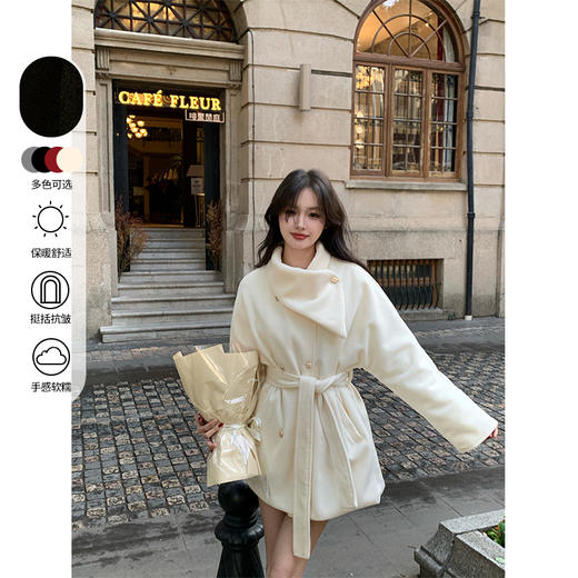 西遇高领短款毛呢外套女冬季新款富家千金收腰双排扣大衣SS141375/SS141376 商品图0