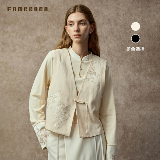 Famecoco范可儿醋酸丝麻中式龙纹绣花盘扣V领马甲FAC8CA005 商品图0
