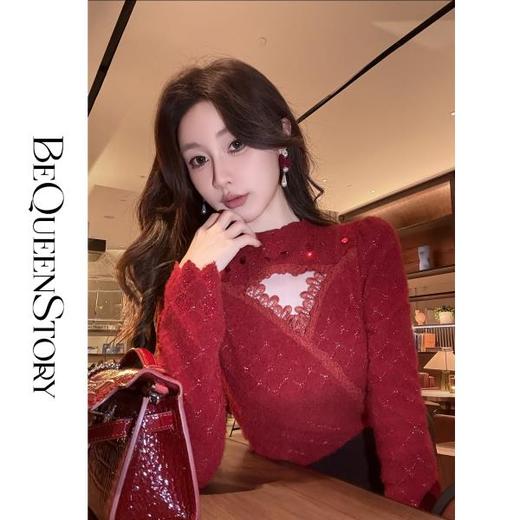 【年终福利，不退不换】【圣诞热红酒】仿貂绒手工烫钻亮片法式泡泡袖弹力打底衫 商品图2