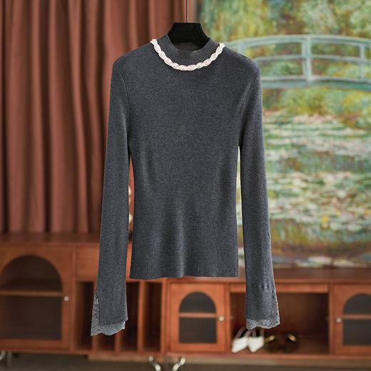 【高货wl】全新升级【铂金会员211/天猫279/差价68】(03016) 洛诗琳秋冬轻奢精致半高领钻链蕾丝袖口拼接针织打底衫女 商品图1