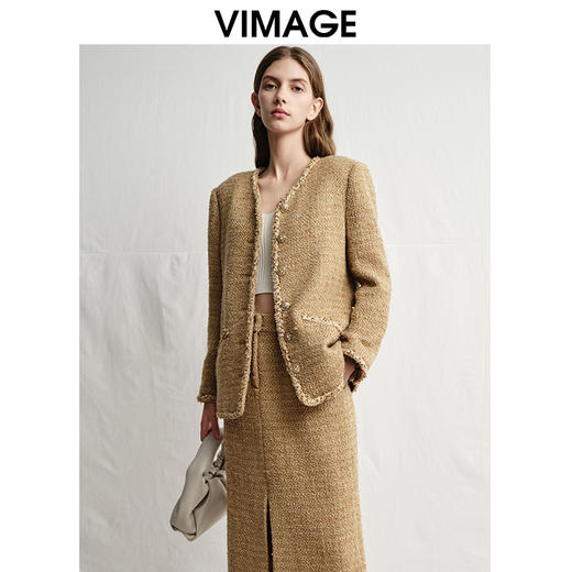 VIMAGE纬漫纪2025春季新款气质优雅精致小香风直筒显瘦V领外套V2303902 商品图2