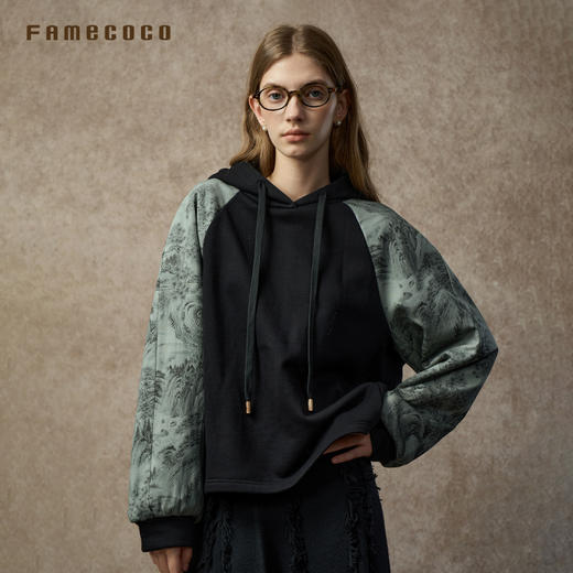 Famecoco范可儿新中式水墨印花插肩袖连帽卫衣FAC8BL003 商品图3