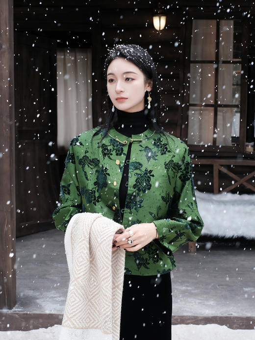 盛唐牡丹| 翡翠绿蝶恋花漳缎外套-钉珠款(钉珠花纹随机） 商品图3