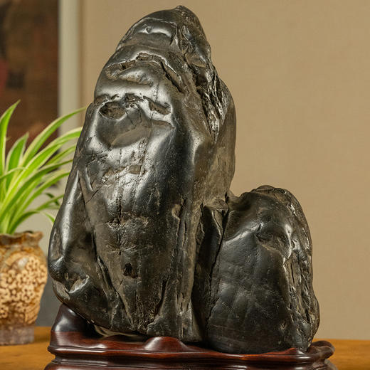 清 胡远款灵璧石诗文文房赏石（红木座） 商品图2