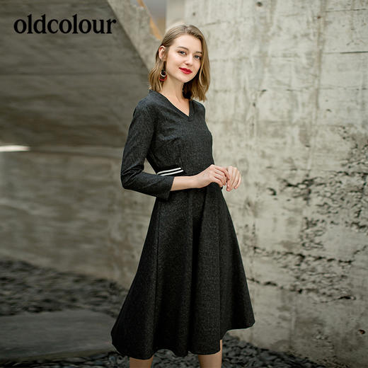 oldcolour欧珂春秋V领中长款收腰时尚耐看长袖连衣裙B31103158 商品图2