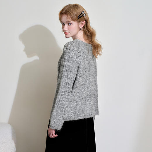 西遇蓝色v领毛衣女冬季新款宽松慵懒风蝴蝶结套头针织衫D0044081 商品图4