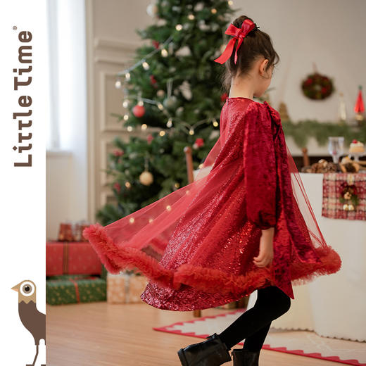 littletime女童红色冰花丝绒纱裙2024秋冬新款拜年长袖公主连衣裙 商品图2