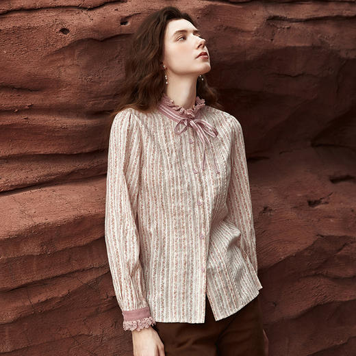 Famecoco范可儿立领拼接衬衫粉色内搭长袖衬衣秋冬款FAB8BH001 商品图1