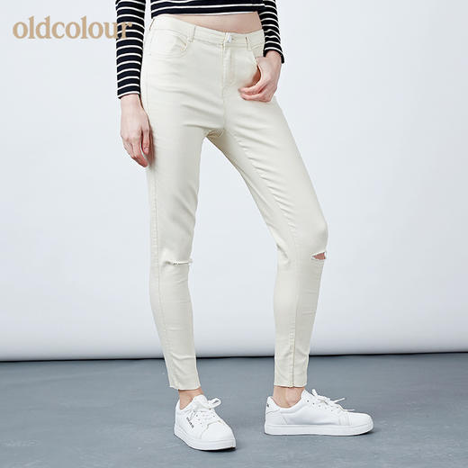 oldcolour裤子女春破洞纯色小脚裤女春秋款修身长裤女 商品图4