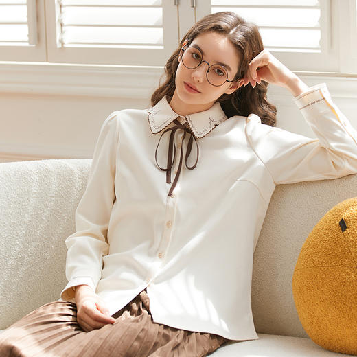 Famecoco范可儿女士系带长袖衬衣优雅通勤FAB8BH021 商品图0