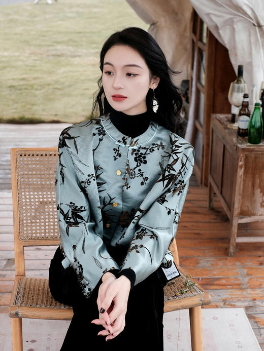 盛唐牡丹|松石绿漳绒外套-钉珠款(钉珠花纹随机） 商品图0