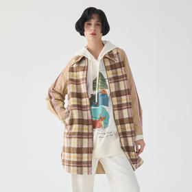 谜底宽松中长款大衣女2023冬新品复古格纹拼接毛呢外套234MD1506