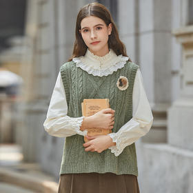 Famecoco范可儿绿色套头针织马甲背心女冬季FAB8CA025