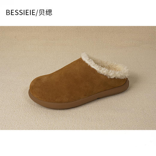 BESSIEIE/贝缌 包头勃肯穆勒鞋平底毛毛半拖鞋外穿厚底保暖冬季 商品图2