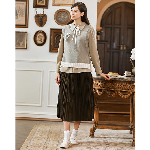 Famecoco范可儿圆领撞色针织马甲背心女冬FAB8CA012 商品图2