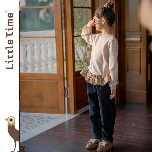 littletime女童牛仔裤2024秋冬新款锥形裤加绒深蓝色儿童茧形裤 商品图3