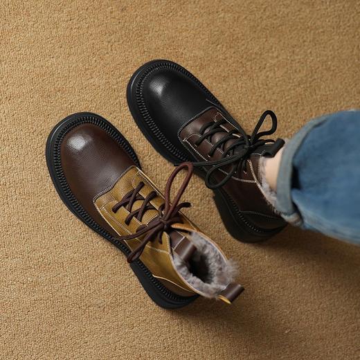 【预售5天】加厚保暖羊羔毛拼色牛皮雪地马丁靴厚底粗中跟真皮系带短靴女AJ&AJ9818 商品图4