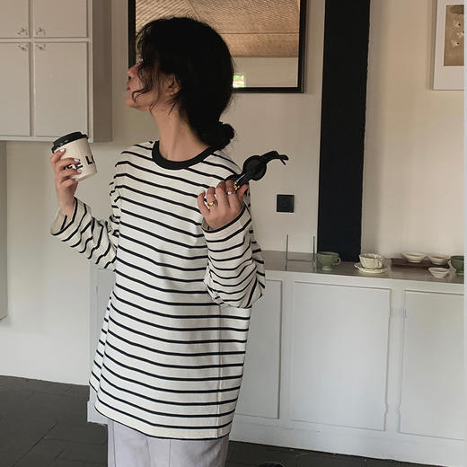 【顺丰包邮】35950 洛诗琳纯天然棉简约经典条纹落肩长袖T恤521 商品图3