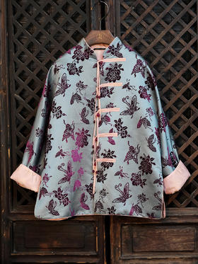 盛唐牡丹|秋波蓝底色漳缎外套-钉珠款(钉珠花纹随机）