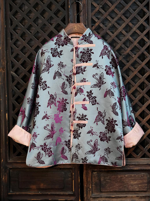 盛唐牡丹|秋波蓝底色漳缎外套-钉珠款(钉珠花纹随机） 商品图0