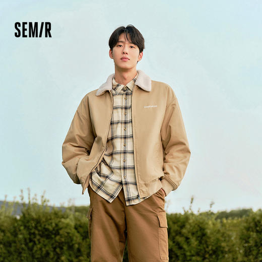 森马夹克男冬季新款复古拼接仿羊羔毛翻领外套宽松绣花棉服潮 商品图0