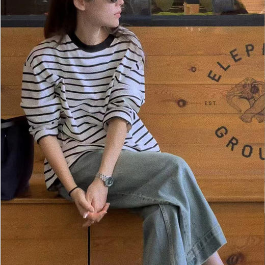 【顺丰包邮】35950 洛诗琳纯天然棉简约经典条纹落肩长袖T恤521 商品图2